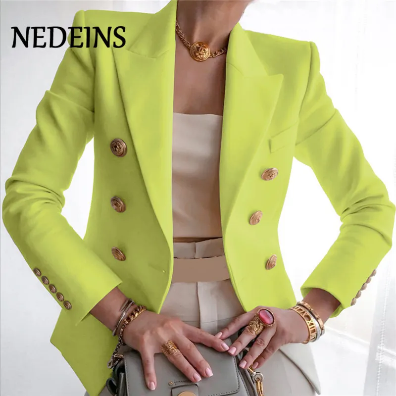 NEDEINS осень блейзер женщин двойной грудью пиджака пальто мода металлические кнопки льва твердые цветные пальто офисные дамы наряд 201114