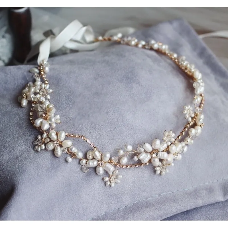 Stunning Freshwater Pearls Headband Bridal Hair Vine Jewelry Gold Wedding Headwear Hair Accessories Women Headwear Y200409