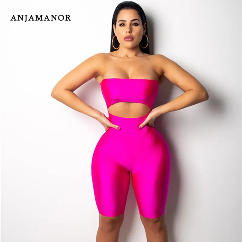 Wycinanka przedni Stretch Pink Romper Seksowne Kostiumy One Piece Bodycon Kombinezon Bez Ramiączek Off Ramię Hollow Clubwear Outfit T200704