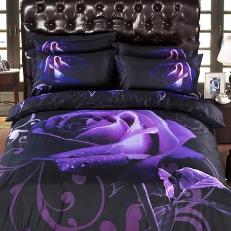 新しいHD 3D寝具ベッドリネンズローズ布団カバーセットコットンポリエステル3D寝具セットクイーンベッドセット3/4ピースの大人の寝具Purple Y200111