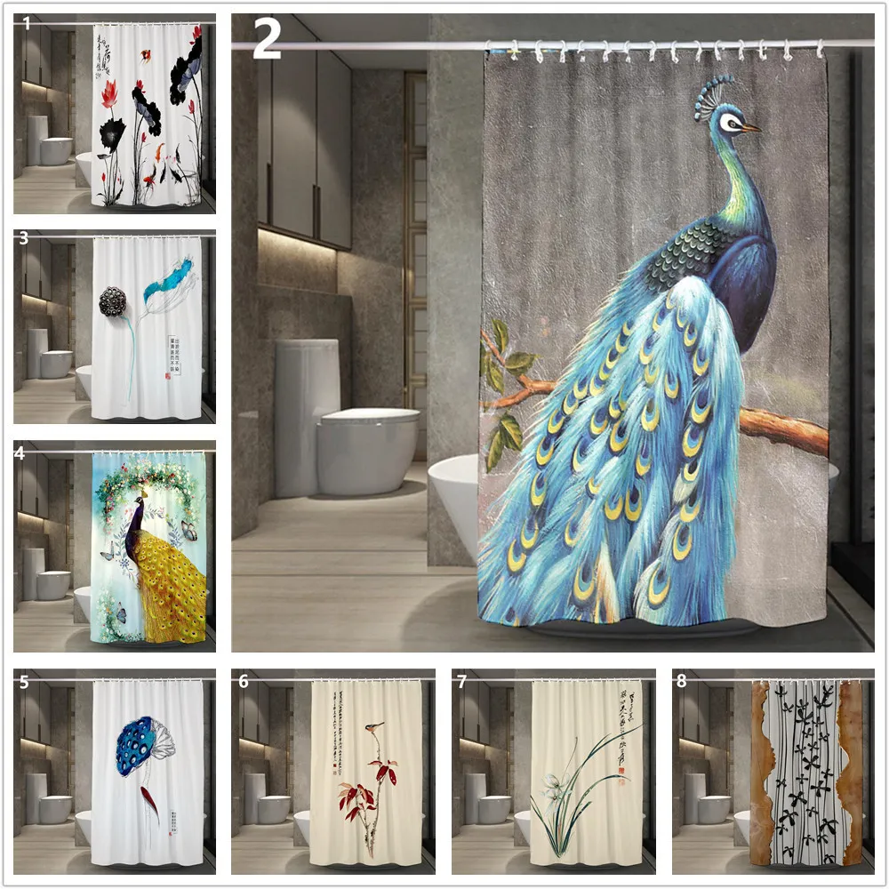 Peacock Printed Shower Curtains Waterproof Polyester Fabric 180x180 cm Grommet 1 Piece Hotel Bathroom Curtain Jinya Home Decors T200711