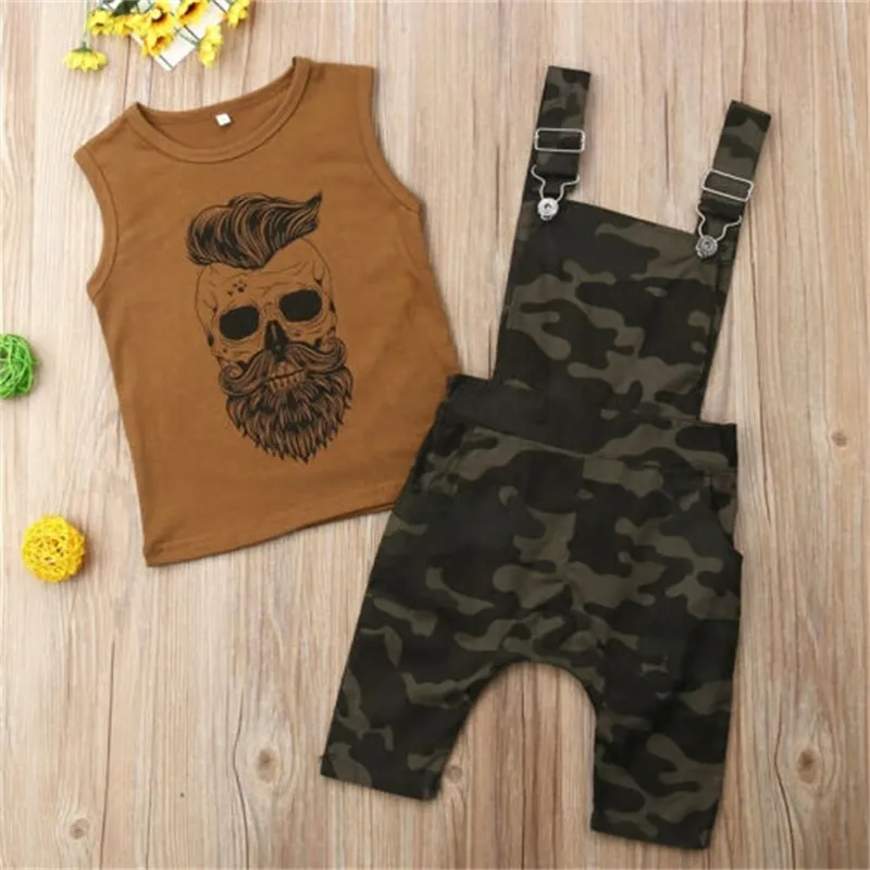 Verão criança bebê meninos dois pedaço roupas casuais mangas tanque de impressão top veste camo macacão outfits conjunto lj201202