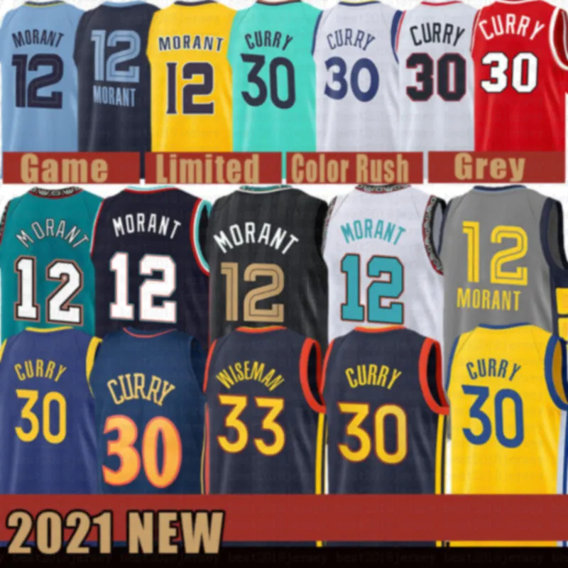 2021 Yeni Ja 12 Morant Basketbol Forması Stephen 30 Curry Erkek James 33 Wiseman Draymond 23 Gençlik Çocuklar Klay 11 Thompson Beyaz