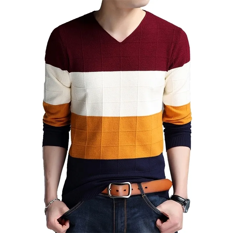 Browon Brand-свитер осенью мужской длинный рукав тонкий свитер новый V-образным вырезом свитер полосатый нижний свитер большой размер M- LJ200916