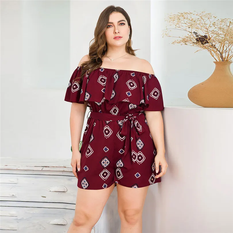 Plus Size Summer Women New Fashion Casual Playsuits Sexy Slash Neck Ruffled Print Waist Shorts Jumpsuit #E18 (9)