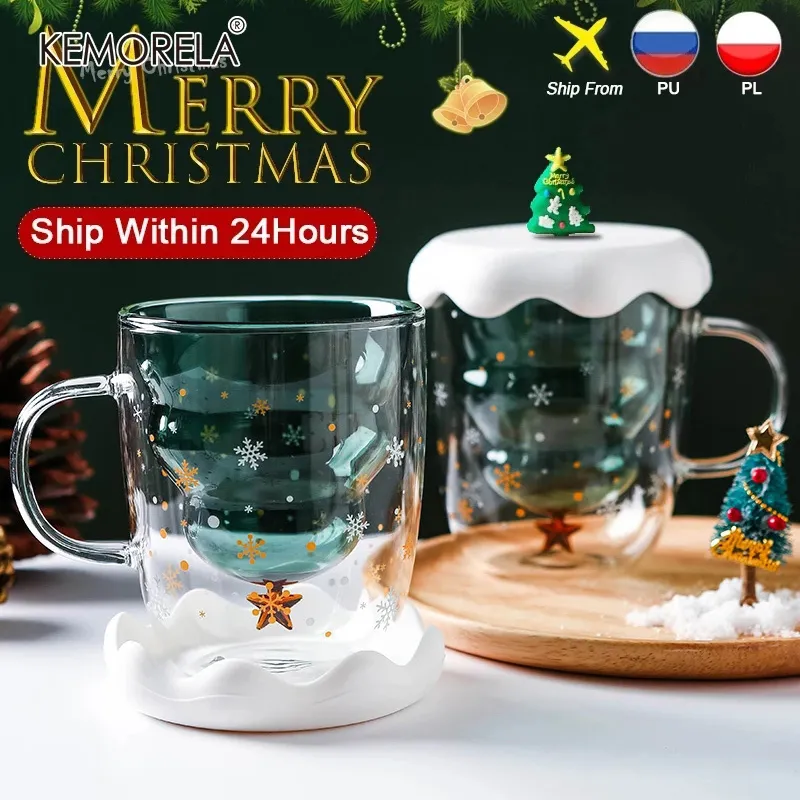 Creativo 3D transparente doble anti-escaldado árbol de Navidad estrella taza café leche jugo regalo para niños 220311