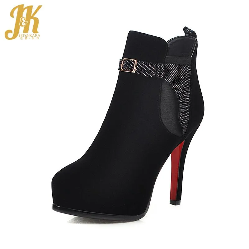 Stövlar JK Pekad Toe Stiletto Heel High Shoes Black Tjock Platform Kvinnor Ankel Boot Fashion Casual Bootie Belt Buckle Metal Decor