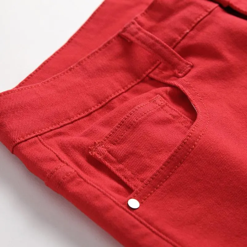 Mode mens jeans designade rak smala fit denim jeans byxor casual mager byxor röd gul herr streetwear byxor1204b
