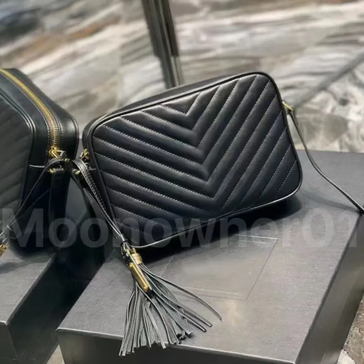 Kamerapåse äkta läder lyxiga designer väskor lammskinn kvinnor axelväska sacoche messenger satchel lady vintage design handväska tassel zig zag ränder 50733