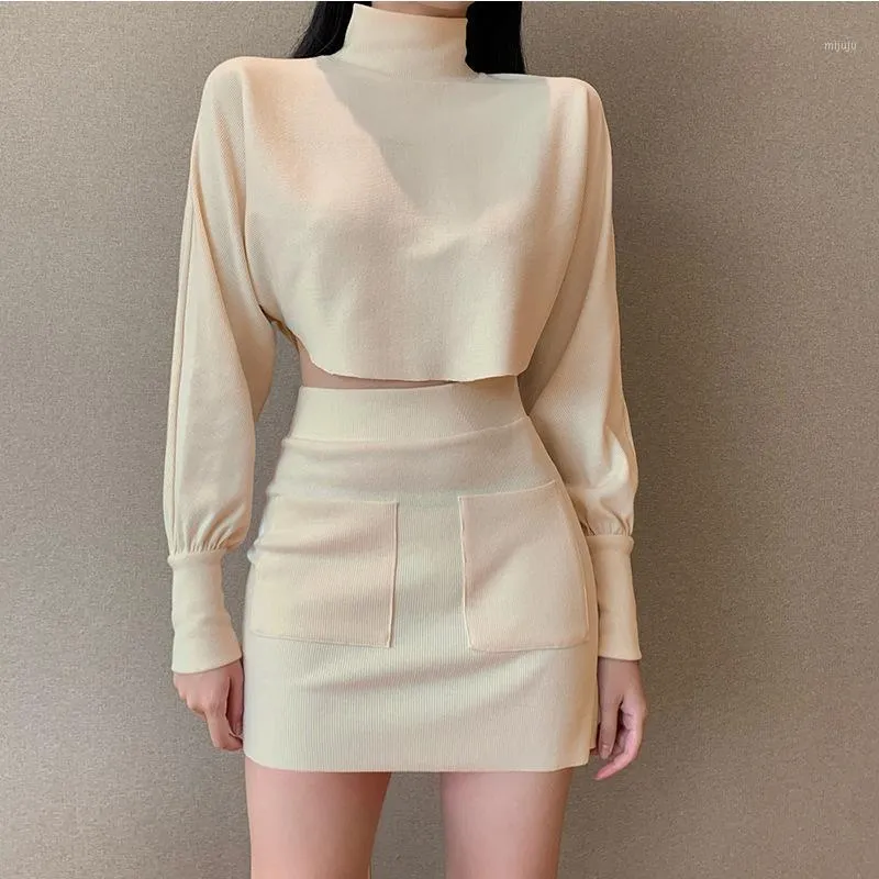 Women's Tracksuits Fashion Women Set 2 Peice Sets Long Sleeve Turtleneck Crop Top+elastic Waist Skirt Sexy Outfits For Chic Cloting 2021 1