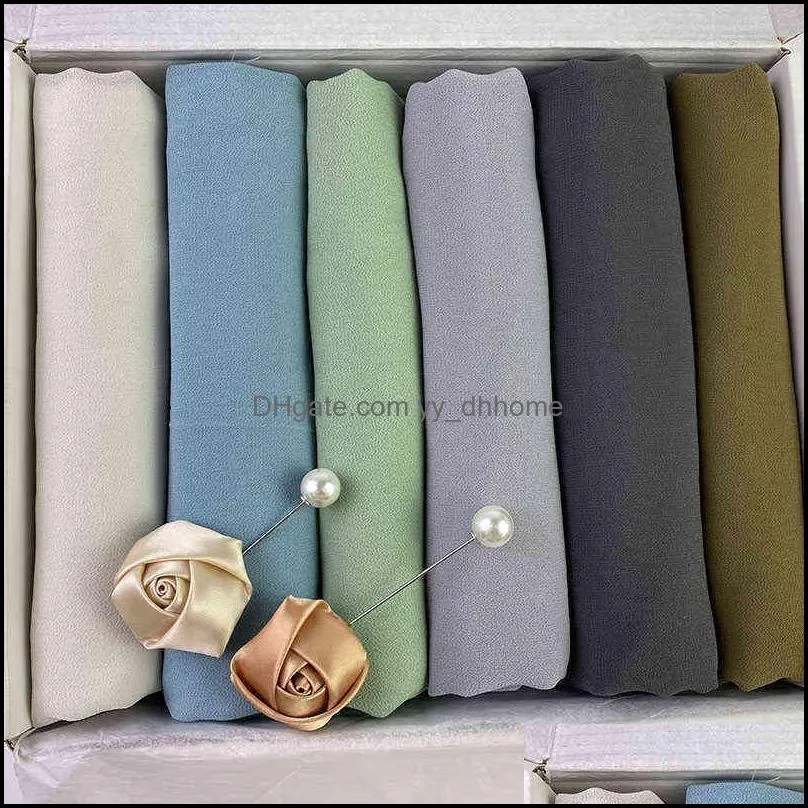 Шарфы обертывают шапки, перчатки мода аксессуары пузырьки шифон женщины мусульманский хиджаб шарф подарочные коробки пользовательские шали обертываются твердые просторые цвета