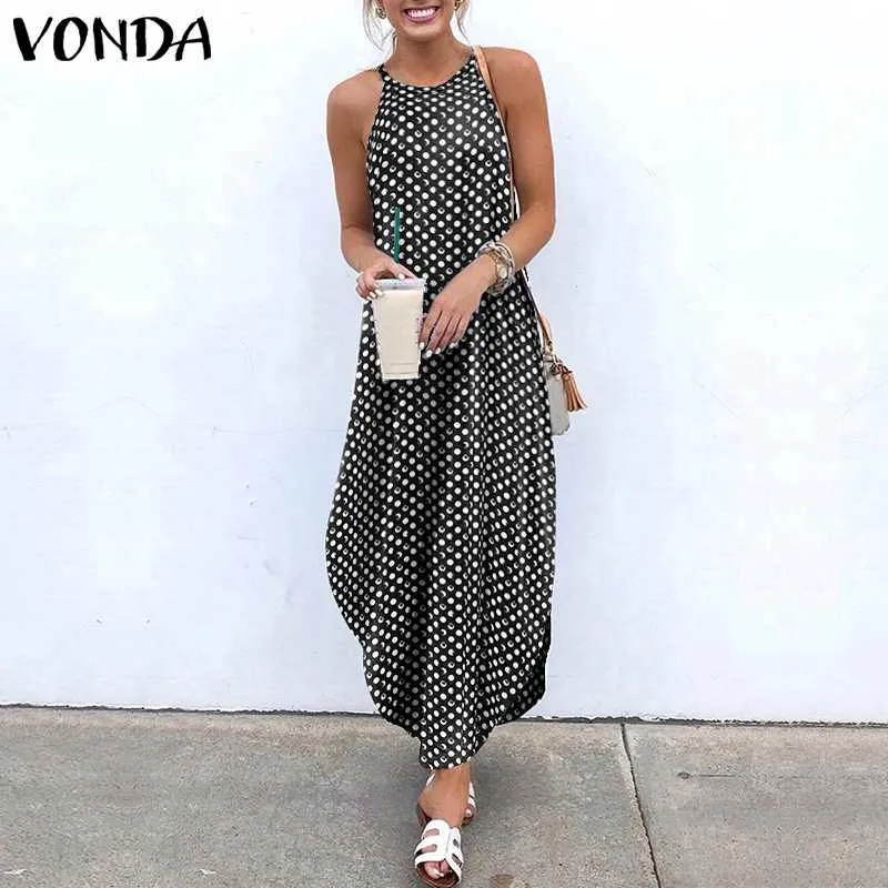 2020 VONDA女性の女性サンドレスノースリーブ不規則な裾の休日ロングドレス水玉プリントスプリットドレスカジュアルなvestidosプラスサイズ