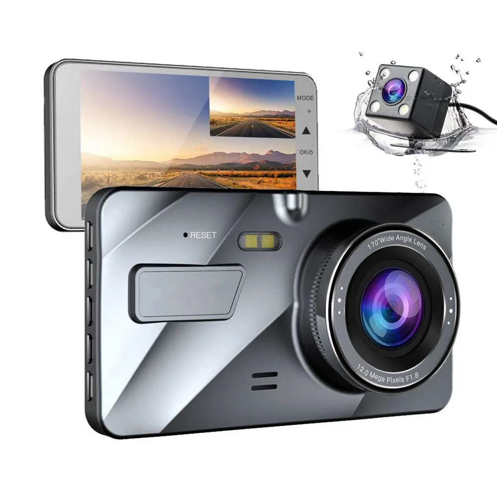 2020 Dash Cam New Dual Lens Bil DVR-kamera Full HD 1080P 4 "IPS Front + Bakre Blå Spegel Natt Vision Video Recorder Parkering Monitor