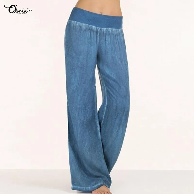 Celmia Femmes Denim Large Jambe Pantalon Élastique Taille Haute Palazzo Jeans Bleu Casual Pantalon Long Pantalon 2020 Été Plus Taille Pantalon1