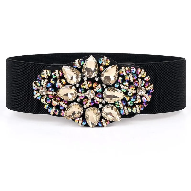 Women Wide Elastic Waist Belt with Colorful Rhinestone  display picture 2
