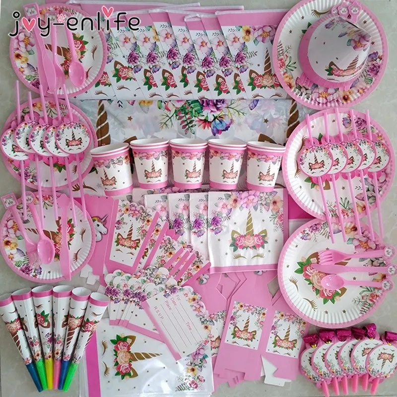 81 pz/set Unicorno Rifornimenti Del Partito Arcobaleno Rosa Unicorn Banner Piatti Tazze Tovaglioli Cannucce Baby Shower Decorazioni di Compleanno Per Bambini 200929