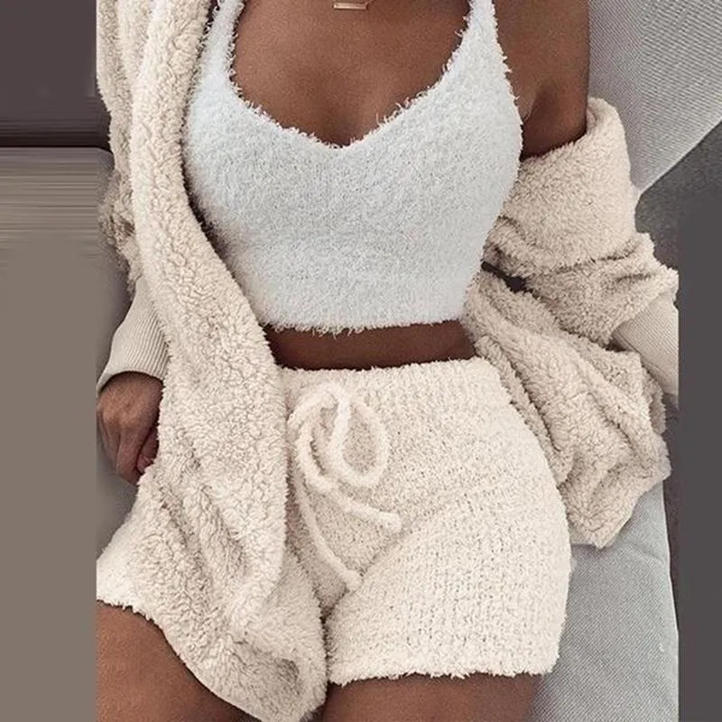 Winter Autumn Three Pieces Set Hoodie Top And Short Tracksuit Women Set Elastic Waist Leisure 3 Piece Women Outfits