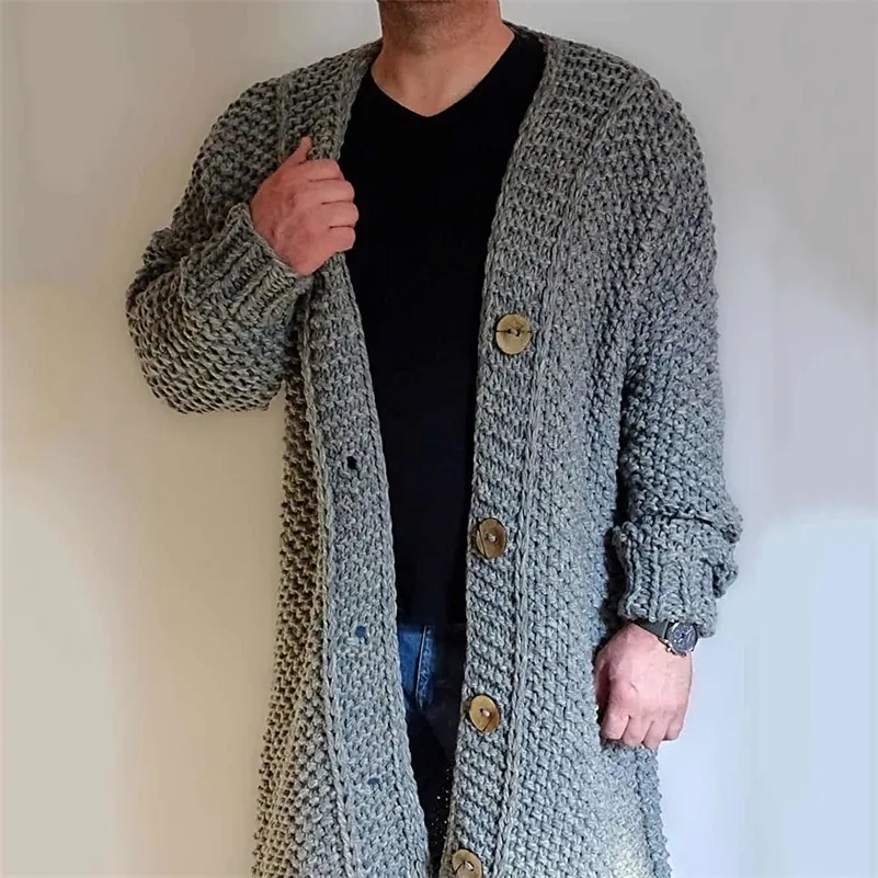 Automne Hiver Hommes Pull Tops Mode Plaine Casual Long Cardigan Tricoté Gris Coréen Lâche Plus Bouton Épaissir Jumpers 201202