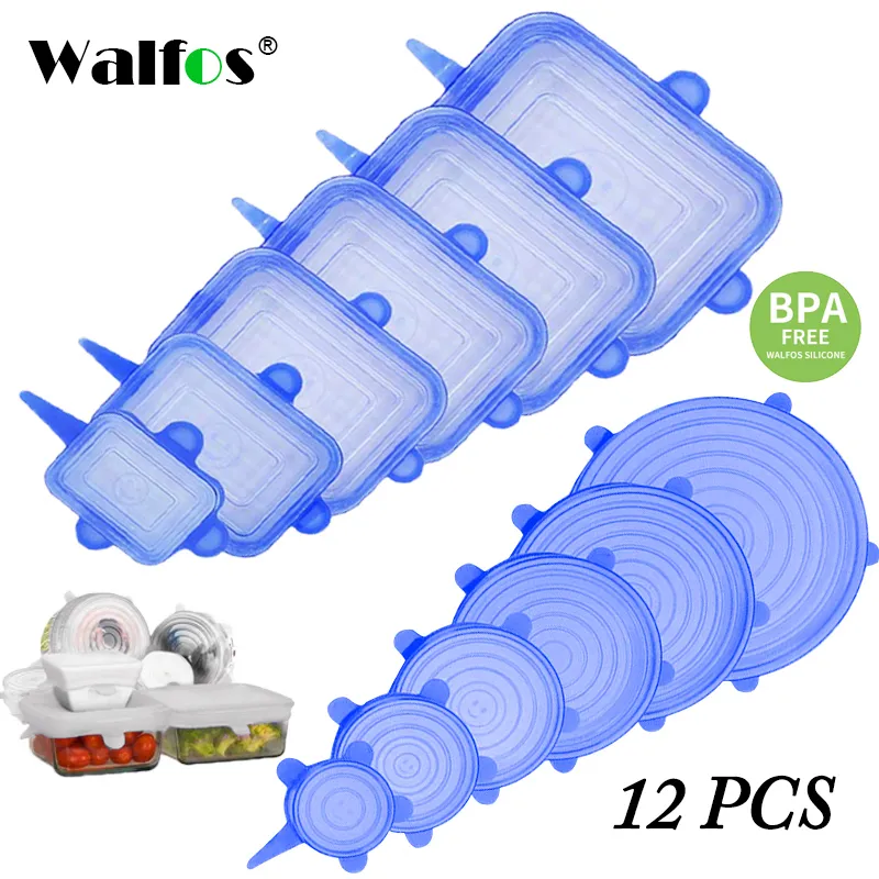 Walfos 12pcs Universal Cozinha Envoltório Seal Fresco Mantendo Capas De Silicone Reutilizável Elastic Stretch Ajustável Silicone Food Capa 201120