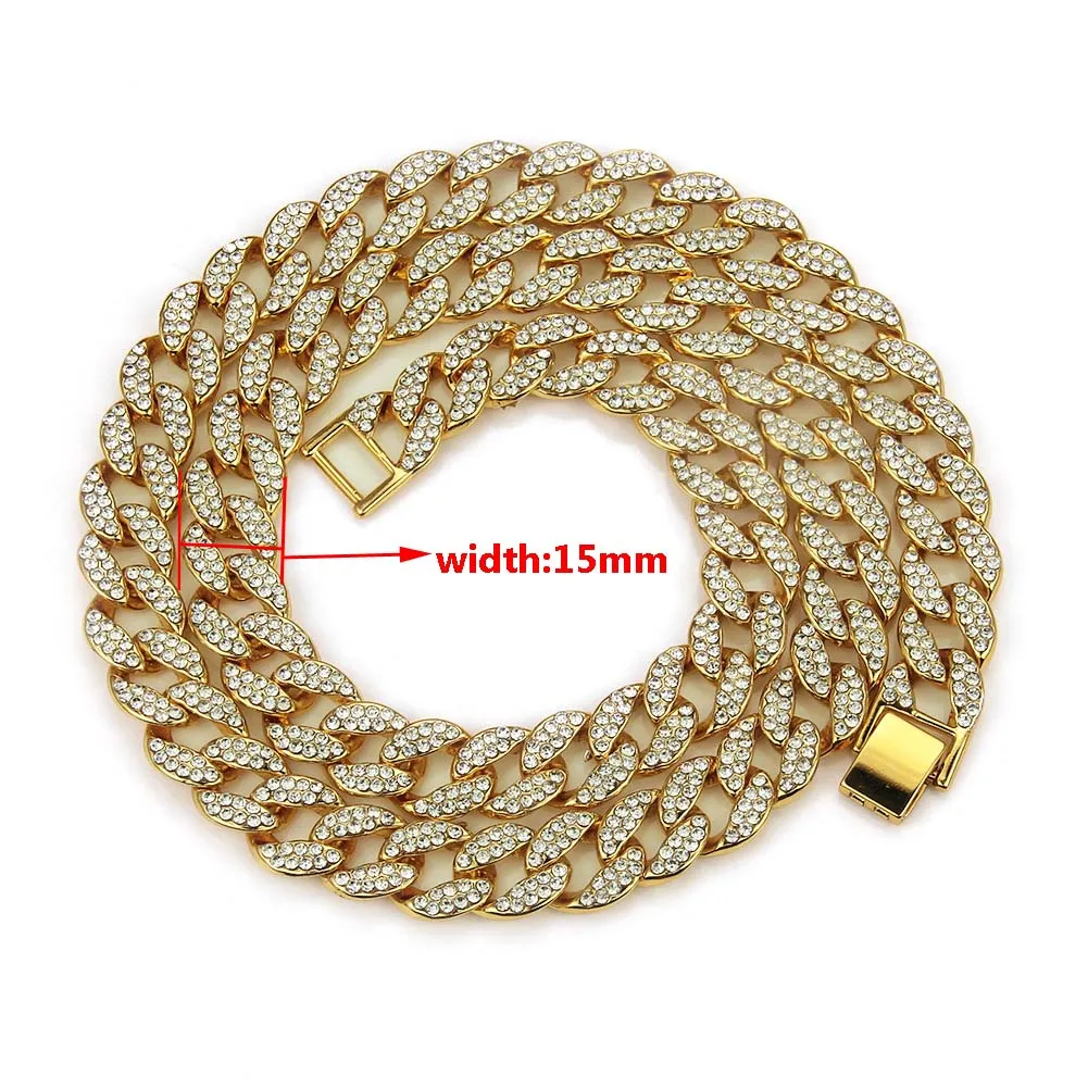 15mm hot selling european and american hip hop hiphop miami cuban necklace mens large gold chain necklace wholesale