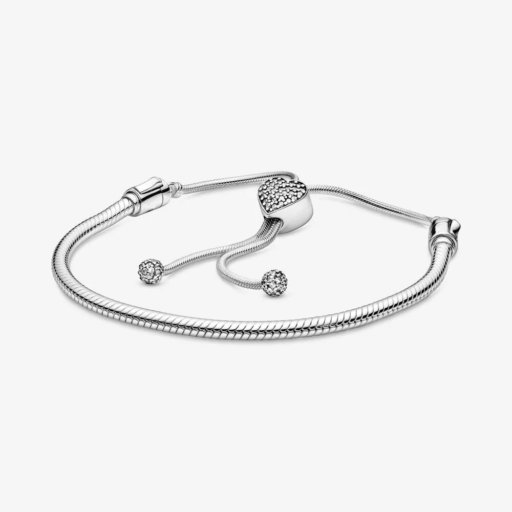 100% 925 Sterling Silver Adjustable Pave Heart Clasp Snake Chain Slider Bracelet Fashion Women Wedding Engagement Jewelry Accessories