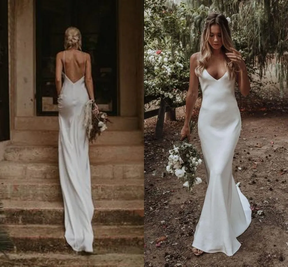 Sexy Simple Beach Mermaid Wedding Dress Spaghetti Straps Backless Full Length Bohemian Country Summer Formal Gown Bride Gowns Robe Dresses