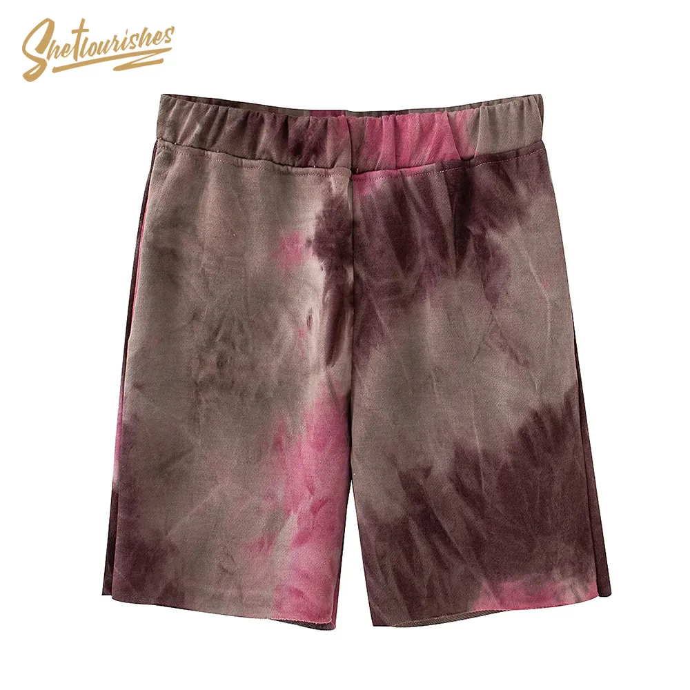 Sheflourishes Women Tie Dye printing Shorts Vintage Elastic High Waist Casual Trackpant Leisure pantalones cortos de mujer 2020