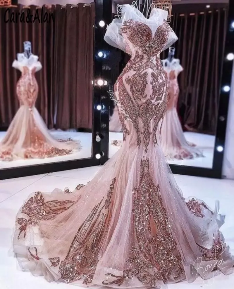 2022 New Rose Gold Syrenki Suknie Wieczorowe Długie Sparkly Cekiny Aplikacje Zroszony Fishtail Prom Gown Robe de Soiree CG001