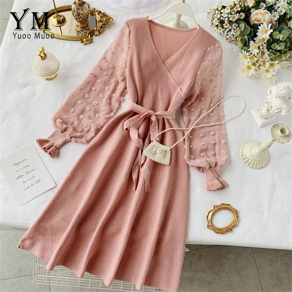YuOomuoo mulheres românticas de malha vestido de festa rosa 2020 outono inverno v pescoço elegante chiffon manga comprida faixas vestido senhoras vestido lj200818