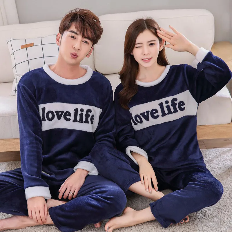 Autumn Winter Warm Flannel Zipper Couple Pajamas Set Women