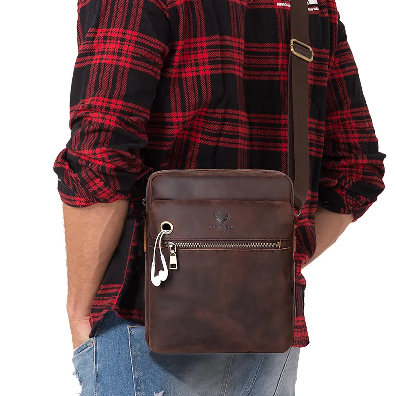 HUMERPAUL Crazy Horse Leather Men Messenger Bags Vintage Man Crossbody