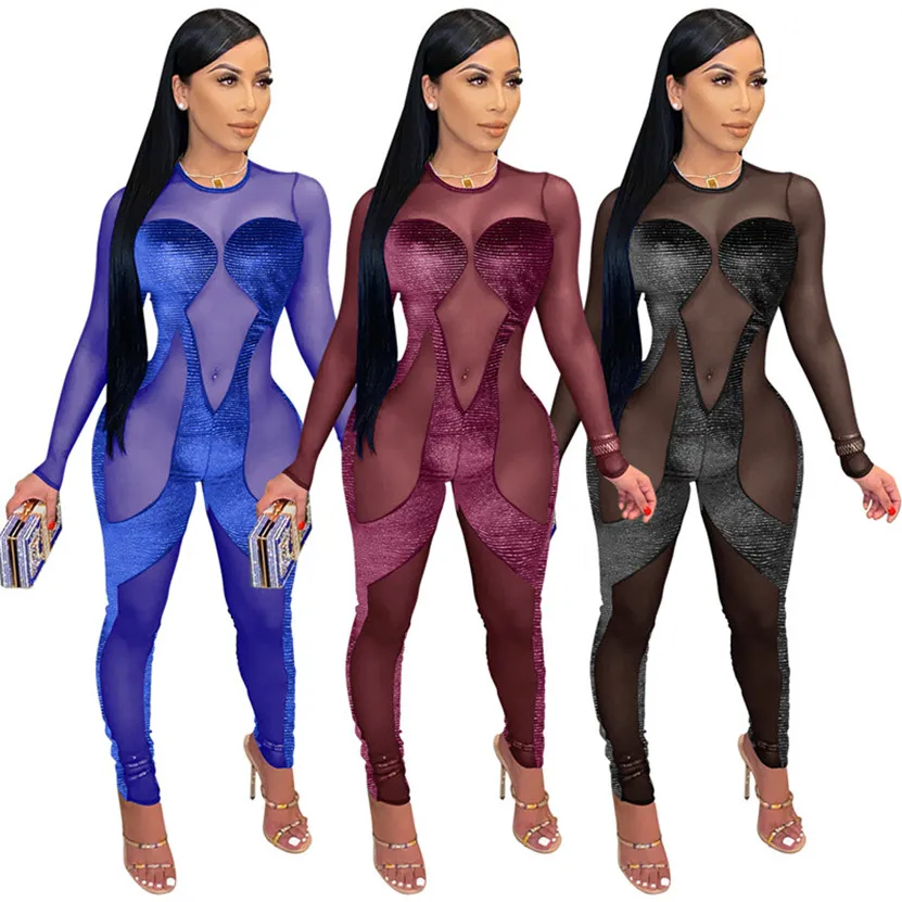 Mulheres sexy night club wear macacões de malha pura outono inverno cor sólida manga longa macacão sexy magro bodysuits leggings pretos 4293