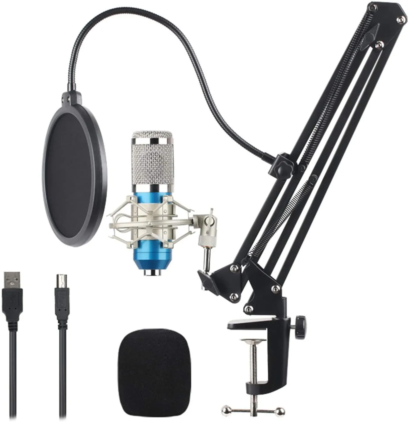 Podcast Condensor Microfoon 192KHZ / 24BIT, professionele cardioïde microfoonkit met giekarm, schokbevestiging, POP-filter en voorruit (blauw)
