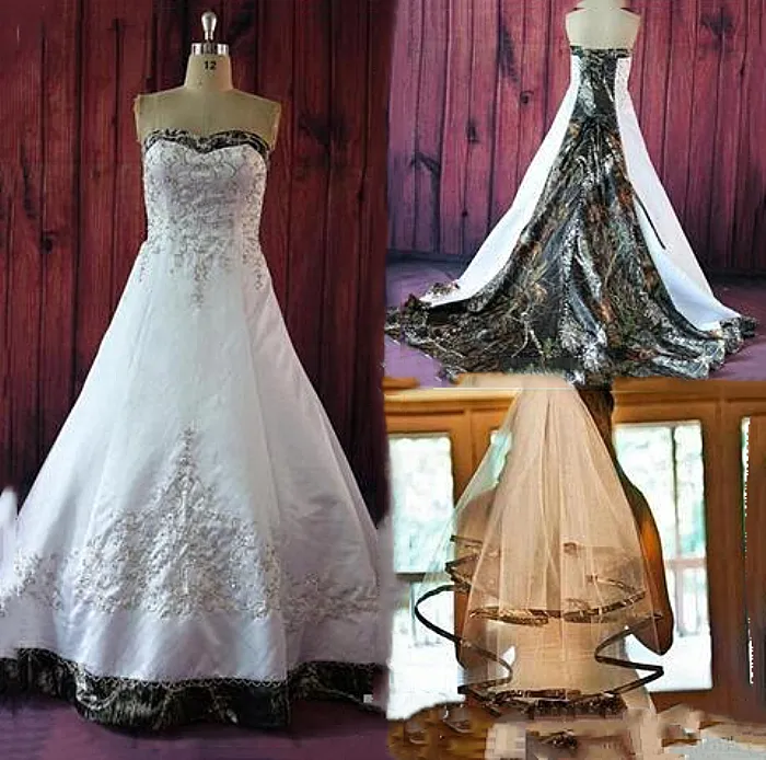 Robes de mariée rustiques A Line Camo avec perles de broderie à lacets Train Court Plus Taille Vintage Country Garden Robes de mariée de mariée 2021