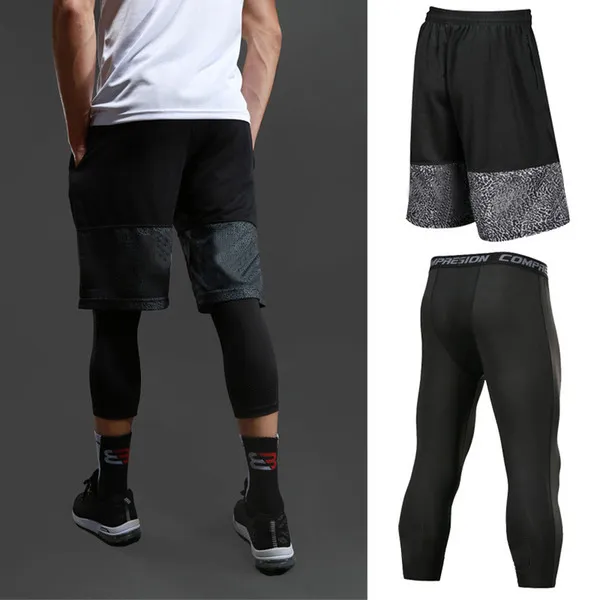 Män Basket Korta Sats Sport Gym Quick-Dry Workout Board Shorts + Strumpbyxor För Man Fotboll Running Fitness Yoga Kort