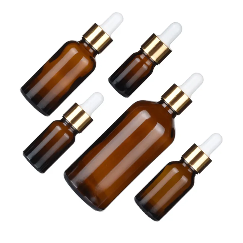 5-100ml Amber Glas Lege Dropperfles Essentiële Olie Parfum Fles Vloeibare Druppelfles met Rose Gold Cap Oog Druppelaar