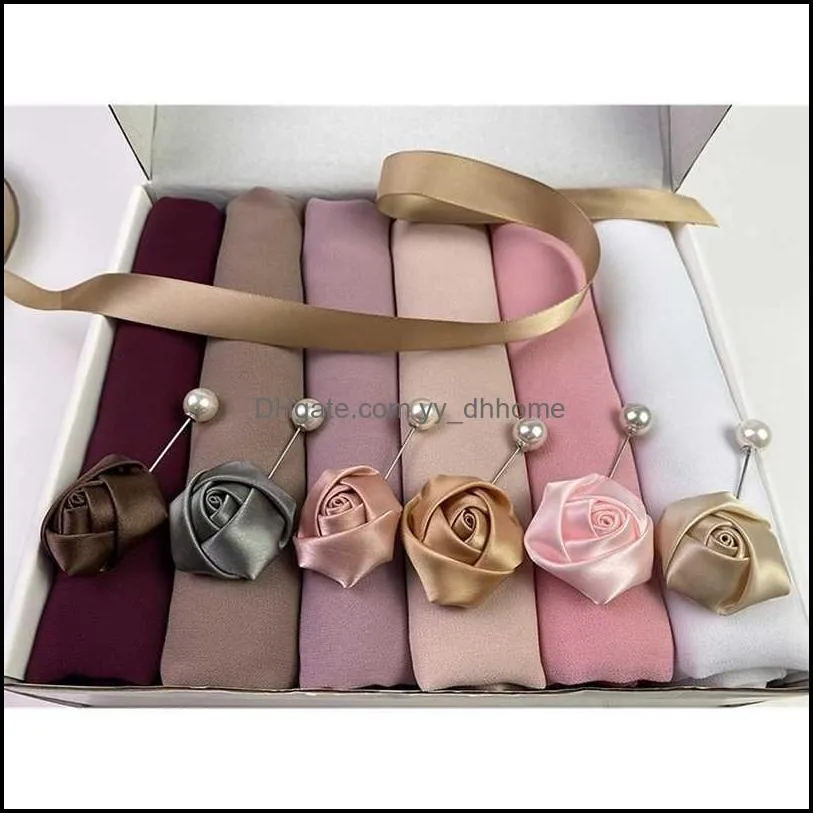 Fashion Bubble Chiffon Women Muslim Hijab Scarf Gift Boxes Custom Shawl Wrap Solid Plain Colors Foulard Femme Turban 211231