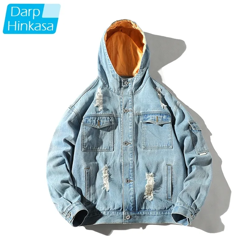 DARPHINKASA Hommes Veste À Capuche Hip Hop Couture Trou Veste Hommes Broderie Imprimer Rue Vêtements Veste Haute Qualité 5XL 201218