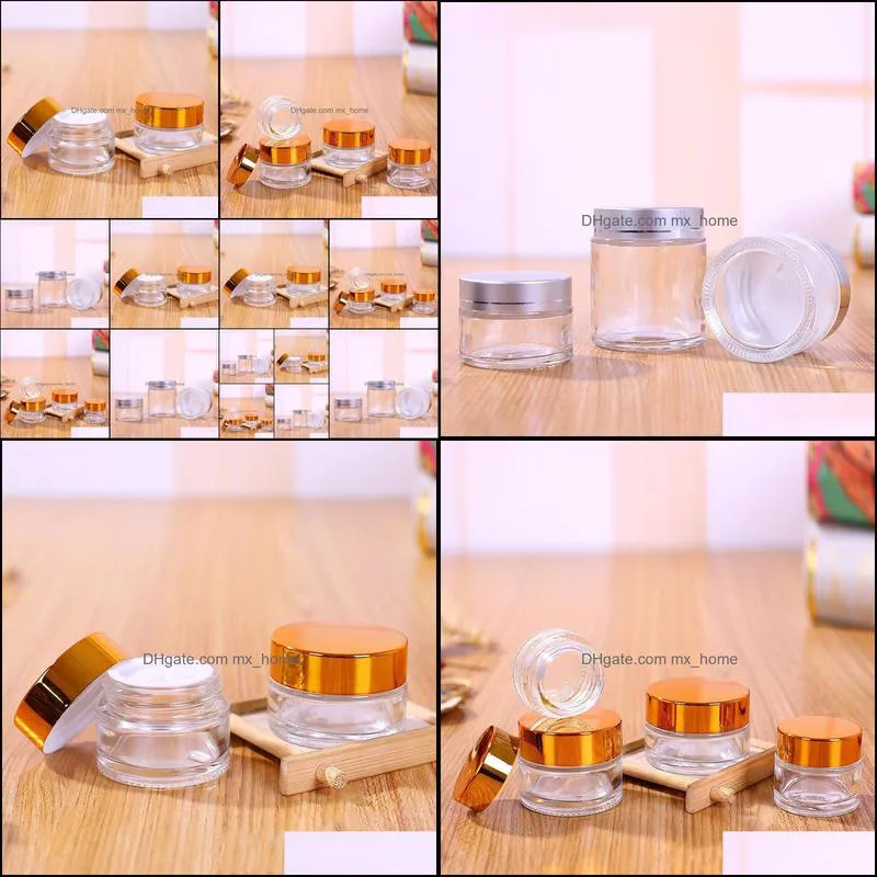 Clear Glass Cosmetic Cream Bottle Round Jars Bottle with Inner PP Liners for Hand Face Cream 5g to 100g Gold Silver Lids