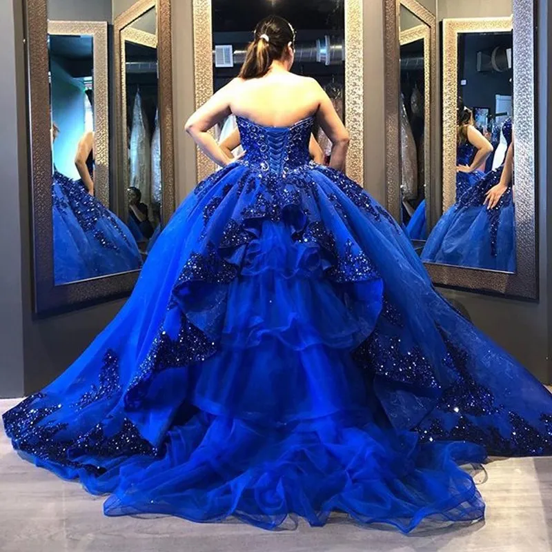 Royal Blue Quinceanera Dress Ball Kleid Prom Kleid Schatz Kristall Perlen süße 16 Kleidrobe de Soir￩e