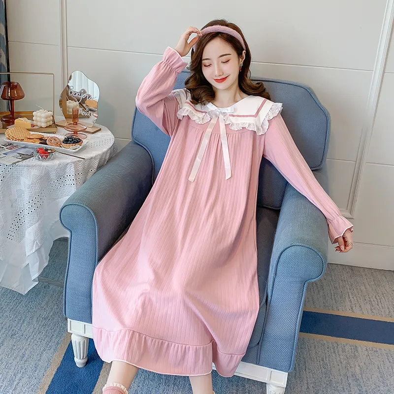 Spring Autumn Cotton Maternity Night Dress Long Sleeve Loose Sweet Nightgown Clothes for Pregnant Women Pregnancy Sleep Lounge LJ201125