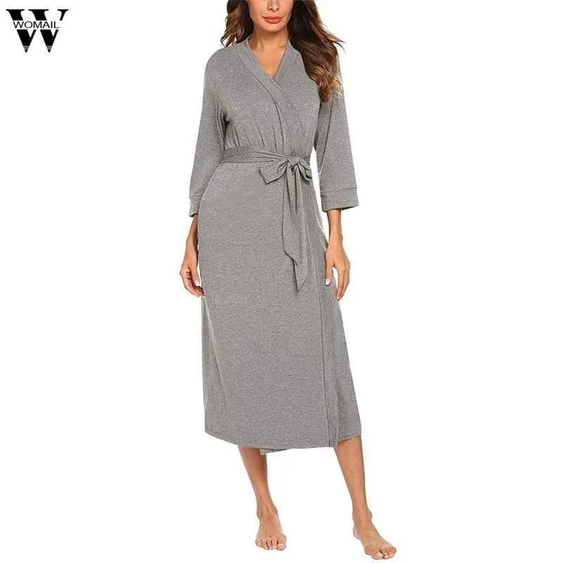 Womail New Nightdress 여성의 4/3 슬리브 V 넥 가벼운 벨트 긴 겉옷 목욕 가운 여름 Nightdress for Ladiesjune4 Y200429