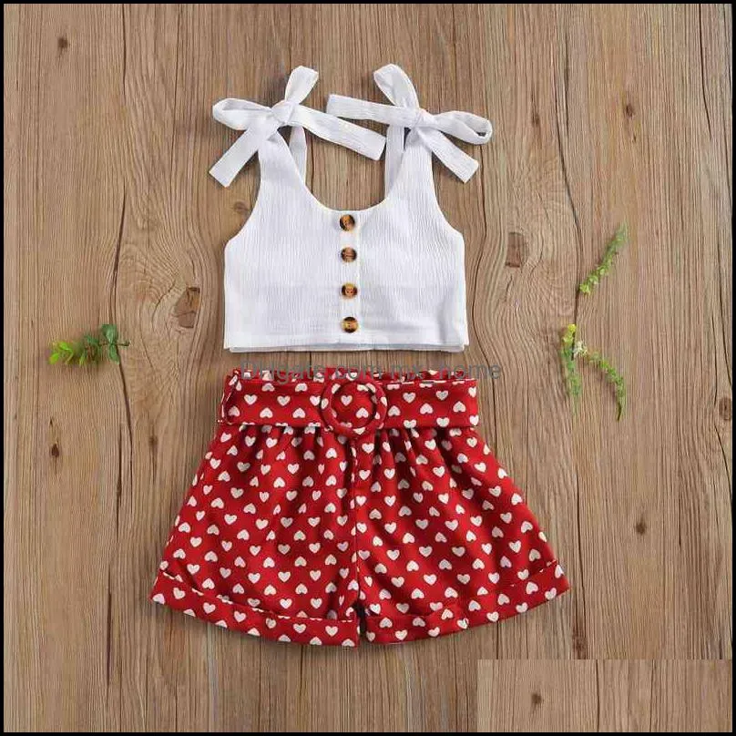 Citgeett Summer Lovely Infant Kids Girls Clothes Set Sleeveless Belt Button Tops Love Heart Print Shorts Valentines Day Outfits