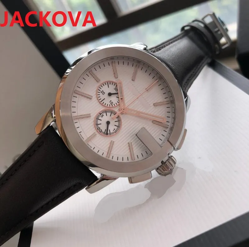 Dubbla g brev designer klassiska retro klockor 43mm lyx mode män två ögon sub ringer arbetar kvarts rörelse Äkta läder armbandsur