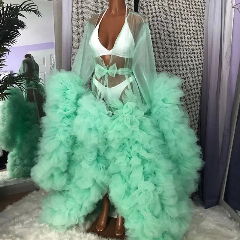Nane Yeşil Illusion Annelik Tül Fotoğraf Çekimi Robe Chic Hamile Kadın Katmanlı Ruffles Elbise Gelin Parti Doğum Günü Abiye