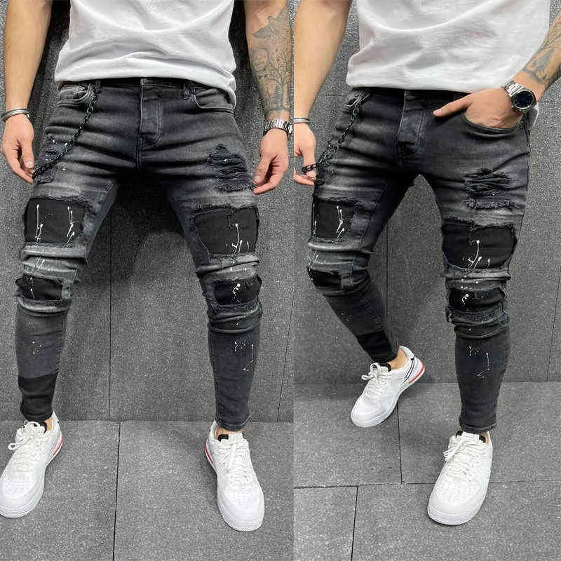 Män rippade skinny jeans manliga hål denim byxor 2021 fyra årstider streetwear cowboy byxor svart mode dating hip-hop byxor g0104