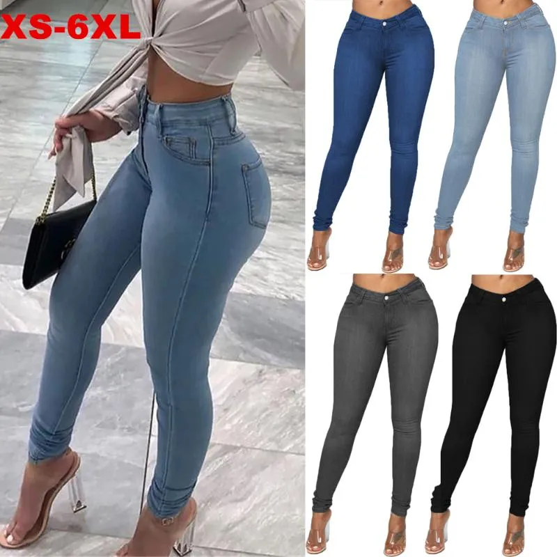 Damjeans Dam Jeansbyxor 2021 Stretch med mid midja 2021 Höst Vinter Blå Retrotvättad Elastisk Slim Pencil Byxa