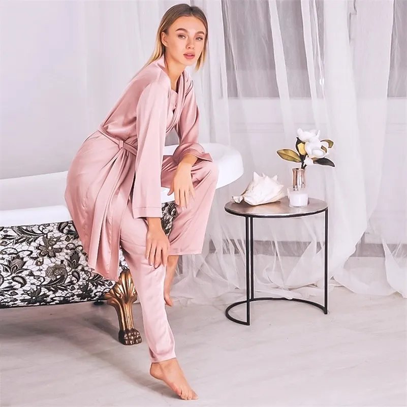 Hiloc Pink Satin Robe Set Winter 3 Piece Set Silk Sleepwear Women Pyjamas med byxor Sashes Långärmdräkt Set Home Wear 201217