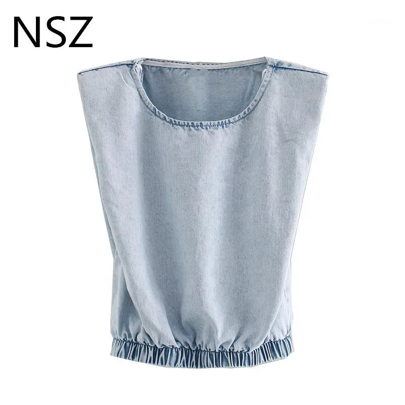 NSZ Kvinnor Oversize Denim Crop Top Blus med Pad Jeans Beskuren Skjorta Ärmlös Sommar Tank Top Party Tops Blusa Camisa1