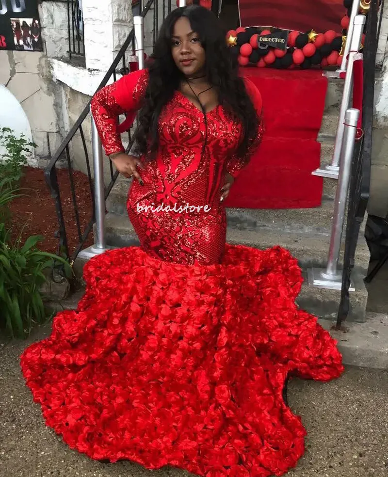 Plus Size Red Aso Ebi Prom Dress With Sequined Sexy V Neck Mermaid Evening Dresses Long Sleeve 3D Rose Florals Engagement Party Gowns Elegant Dance Robe De Soirée 2022